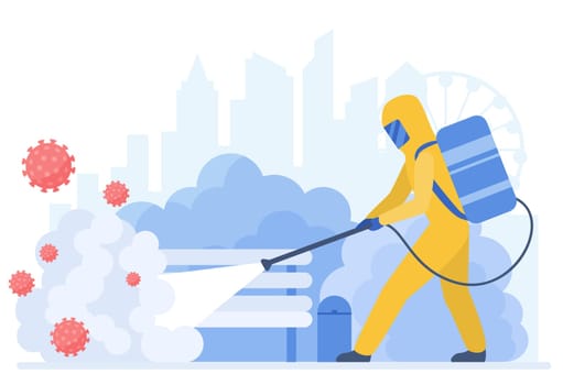 Man in special protective suit cleaning city from coronavirus flat concept vector illustration. Disinfectant from backpack sprays park benches to remove pathogens, with skyscrapers at background