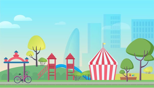 Children playground in big city cartoon flat landscape background vector illustration. Colorful attractions, striped tent, trees, playful slides, sandbox with tiny baskets, skyscrapers in mist