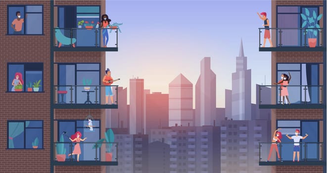 People on city balcony during quarantine vector illustration. Cartoon flat man woman characters in medical masks stay home, doing sports exercises, everyday activity, enjoy panoramic urban cityscape