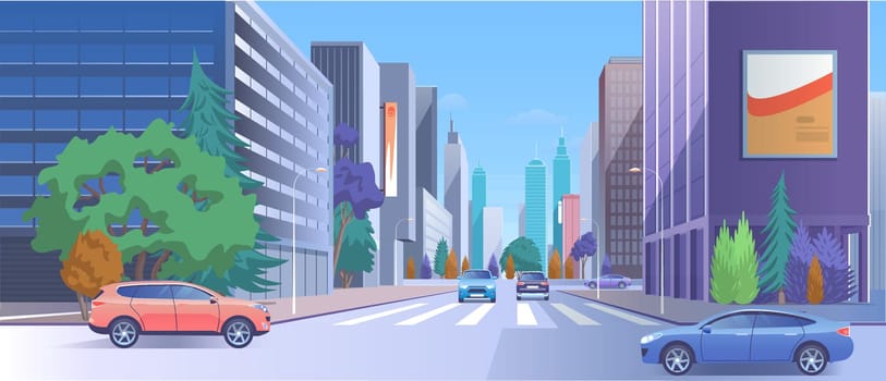 City street downtown vector illustration. Cartoon 3d urban cityscape with car traffic on road, luxury modern skyscraper buildings with store and billboard, empty crosswalk, town lifestyle background