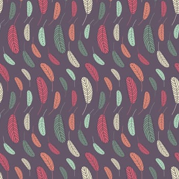 Bird feathers seamless pattern. Easter pattern with chicken feathers. Vector flat illustration. Design for textiles, packaging, wrappers, greeting cards, paper, printing.