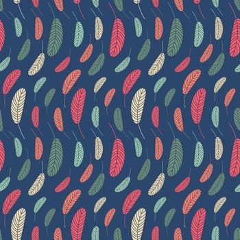 Feathers seamless pattern. Boho pattern with chicken feathers. Vector illustration. Design for textiles, packaging, wrappers, greeting cards, paper, printing.