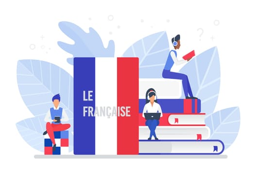 Online language courses flat vector illustration. Distance education, remote school, France university lessons. French language Internet class, e learning isolated clipart on white background.