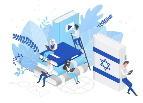 Online Hebrew language courses isometric 3d illustration. Distance education, remote school, Israel university. Language Internet class, students reading books. Teaching foreign languages.