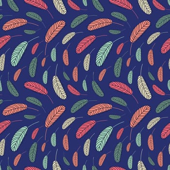 Feathers seamless pattern. Boho pattern with chicken feathers. Vector illustration. Design for textiles, packaging, wrappers, greeting cards, paper, printing.