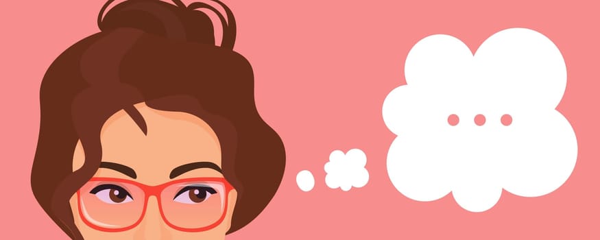 Girl thinking vector illustration. Cartoon beautiful young woman character with eyeglasses thinking about problem think bubble, expression portrait with eyes, isolated on orange background