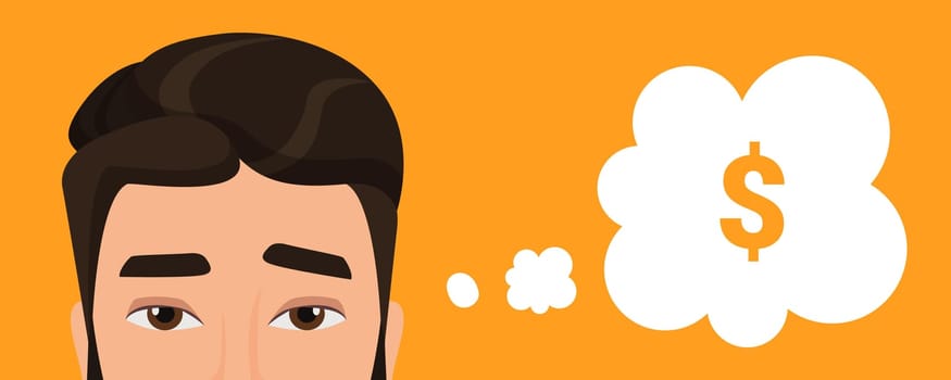 Businessman thinking vector illustration. Cartoon beautiful young man office worker character thinking about business development and money growth, thought bubble cloud with dollar sign background