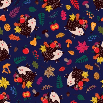 Background of cute hedgehogs among autumn leaves and fruits with mushrooms on blue background