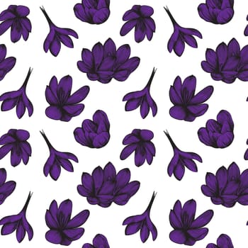saffron seamless pattern sketch.Purple crocus flower pattern. Hand-drawn vector illustration