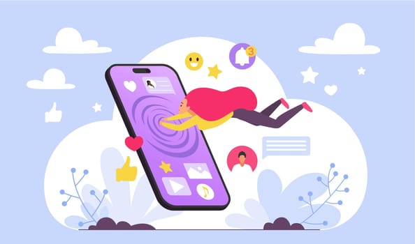 Danger of social media addiction vector illustration. Cartoon tiny woman and smartphone addict diving into hole in phone screen with app icons and online messages, addicted girl with gadget dependence