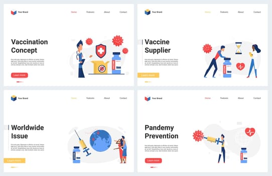 Vaccination against corona virus, prevention measure to protect health immunity, world immunization vector illustration. Cartoon modern concept landing page set with medical worker and vaccine syringe
