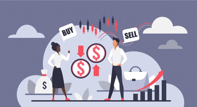 Trade and exchange in stock market vector illustration. Cartoon business people make deals, trading, standing with financial graph and growth of chart, candlesticks. Finance, investment concept