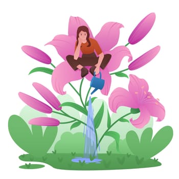 Self love and positive mood, psychology concept vector illustration. Cartoon tiny girl watering garden flowers from can sitting inside to take care of herself and grow wellbeing and optimistic mindset
