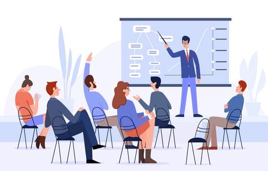 Business meeting, conference flat vector illustration. Businesspeople, spokesperson and listeners faceless characters. Business overview report, company staff session, project presentation