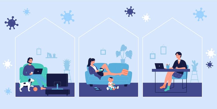 Young people resting and working online at home during coronavirus covid19 time concept scenes. Man and woman stay at home to prevent coronavirus disease, quarantine self isolation vector illustration