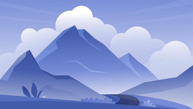 Mountain outdoor landscape vector illustration. Cartoon flat mountainous blue tranquil panoramic scenery with mountains rocks on horizon, road and clouds, calm wild nature simple scenic background