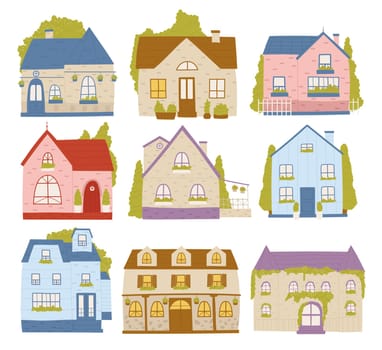 Town houses, neighborhood residence cartoon buildings vector illustration set. Cartoon cute colourful cottage cabin houses collection, residential architecture diversity for neighbors isolated