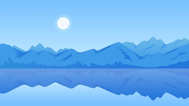 Mountain lake calm sunny landscape vector illustration. Cartoon fresh beauty panorama scenery, scenic blue water with reflection of mountains, sun in clear sky, travel nature adventure background