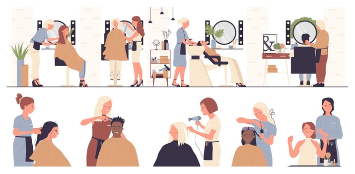 Hairdresser working with people client in beauty salon vector illustration set. Cartoon beautician barber stylist character with scissors or hair dryer making haircut, hairdressing isolated on white