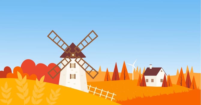 Countryside village farmland landscape in autumn season vector illustration. Cartoon agricultural nature scenery and rural farm house, windmill on hill, farming orange and red grass land background