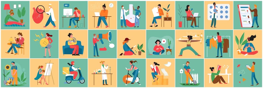 People of different professions in daily life activity vector illustration. Cartoon business, leisure or hobby scenes of woman and man characters, lifestyle concept horizontal banner background