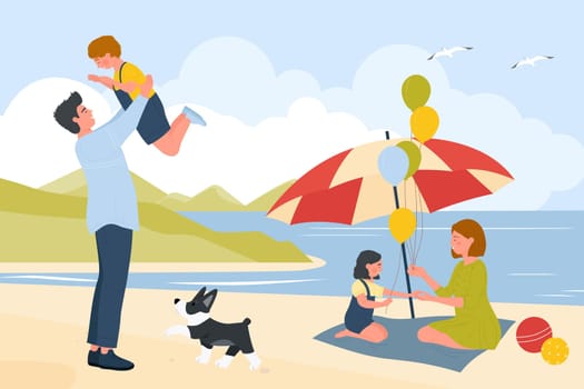 Happy family people in summer sand beach landscape vector illustration. Cartoon seaside leisure of mother, father and children with pet dog. Travel, family holiday vacation on sea coast concept
