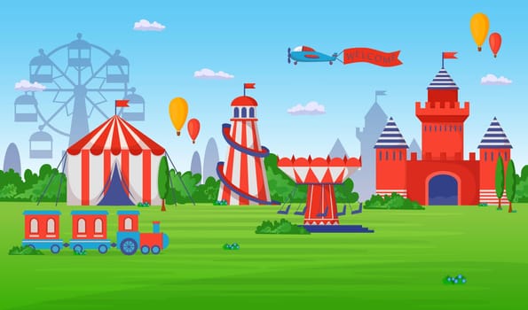 Amusement and entertainment park. Flat vector illustration. Entertainment place for kids with merry-go-rounds, tents, palaces, balloons, observation wheel. Childhood, amusement park concept for design