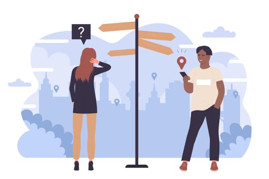 People choose pathway, standing on crossroad near signpost with arrows on way vector illustration. Cartoon confused man and woman making choice of direction, searching information in mobile phone