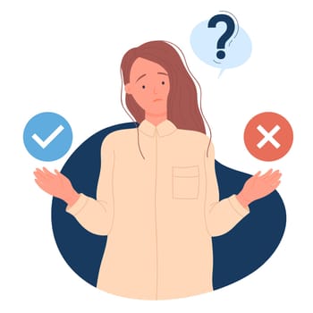 Thinking confused girl on taking right decision. Doubts of accepting or declining flat vector illustration