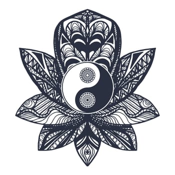 Vintage Yin and Yang in Mandala Lotus. Tao symbol for print, tattoo, coloring book,fabric, t-shirt, yoga, henna, cloth in boho style. Mehndi, occult and tribal, esoteric and alchemy sign. Vector