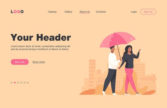 Young couple walking under umbrella in rainy day. City, date, street flat vector illustration. Weather and urban lifestyle concept for banner, website design or landing web page