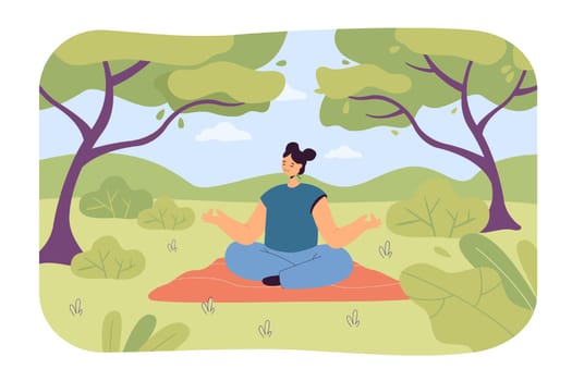 Calm woman forest bathing. Female cartoon character doing yoga in nature, trees and bushes flat vector illustration. Fitness, health, lifestyle concept for banner, website design or landing web page