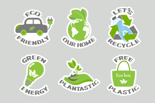 Set of environmental awareness stickers with slogan. Flat design eco concepts collection. Icons, vector