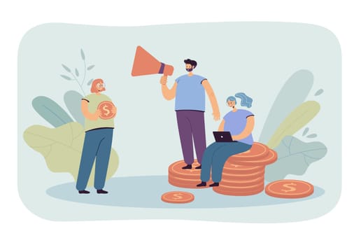 People funding money vector illustration. Man talking into megaphone, woman using laptop. Female character holding dollar coin. Charity, funding concept for banner, website design, landing web page