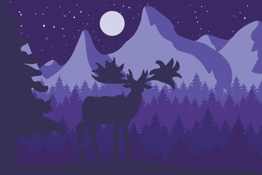 Elk in the night coniferous forest near the mountains under moon. Vector