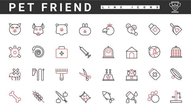 Pet food, grooming and veterinary care for animals thin red and black line icons set vector illustration. Abstract dog and cat, hamster and bird, medical bag with cross, syringe with vaccine symbols