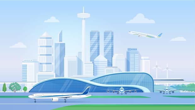 Cartoon urban panorama cityscape with airlines architecture, aircrafts on runway, towers of business skyscrapers background. Airport terminal with airplanes, modern city skyline vector illustration.