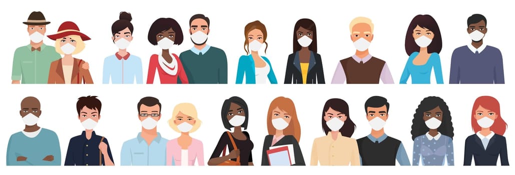 People protected from covid19 set vector illustration. Cartoon diversity group of characters standing, portrait of different multiracial adults wearing face masks isolated on white. Community concept