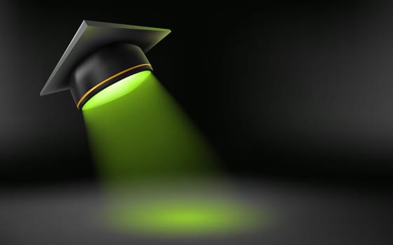 illustration of black color graduate hat with green color light beam on dark background