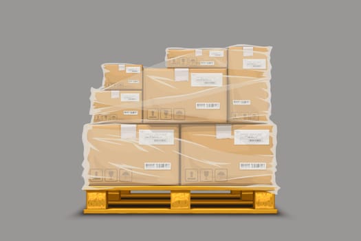 illustration of group of carton boxes with stretch film on wooden pallet with shadow on grey background