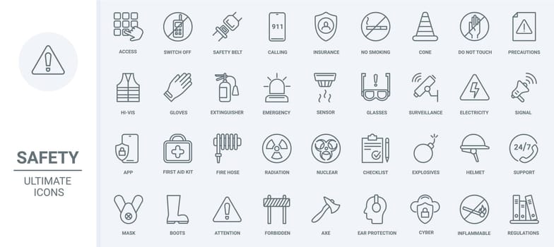 Life safety, insurance thin line icons set vector illustration. Outline warning attention signs about risk of accident, first aid kit and emergency, extinguisher for home fire, surveillance support