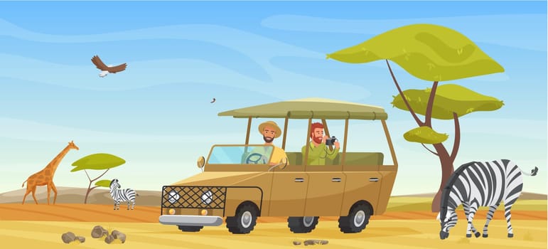 Cartoon group of tourist characters make travel photo of wildlife on smartphone or camera, travelers drive car vehicle. People safari tour, African savanna wild landscape vector illustration.