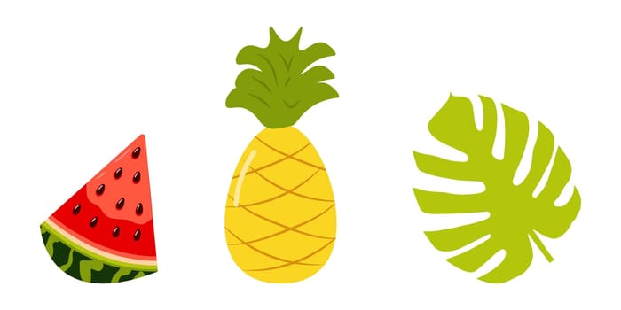 Set of summer elements, beach, summer accessory. Watermelon, pineapple, palm leaf. Rest. Vector flat illustration.