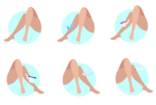 Set of different ways of hair removal. Cartoon vector illustration. Legs and epilation, depilation, shaving process with razor, epilator or wax cream. Cosmetology, beauty salon, hair concept