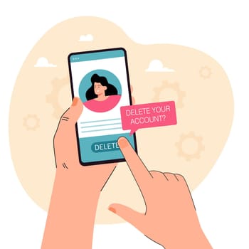 Hand holding phone with social media profile and delete button. Woman deleting account from online network flat vector illustration. Technology or internet addiction concept for banner or landing page