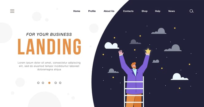 Man on ladder catching star. Dream or wish of success in career flat vector illustration. Achievement, hope, success, reaching goal, business concept for banner, website design or landing web page