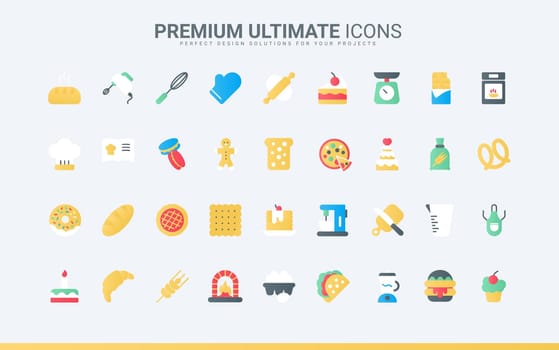 Sweet food collection with kitchen equipment to cook dessert and bake bread, sugar pictogram menu for restaurant cafe. Bakery, confectionery flat icons set vector illustration