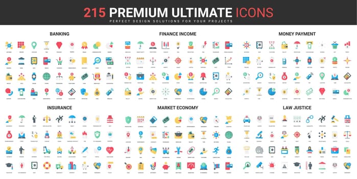 Finance and market economy color flat icons set vector illustration. Abstract symbols of banking and insurance of financial income and money payment, law justice simple design for mobile and web apps