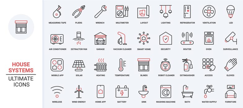 Remote surveillance air conditioner, electrical appliances and device to control energy, temperature lighting, refrigerator. Smart home systems trendy red black thin line icons set vector illustration