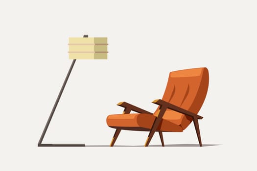 illustration of old modern armchair orange color with wooden elements and lamp on white background